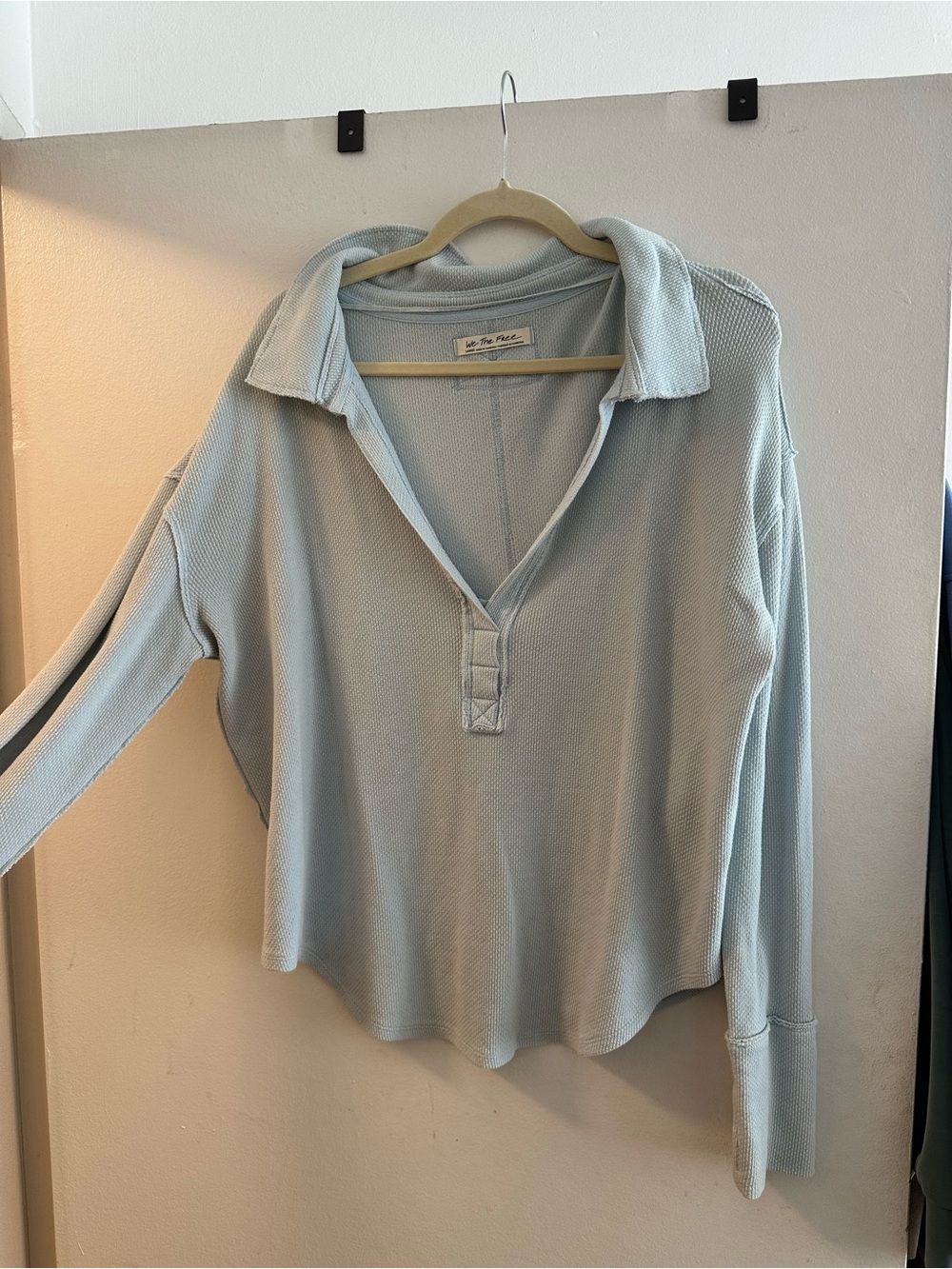 We The Free Pale Blue Waffle Knit Long Sleeve Polo large women’s